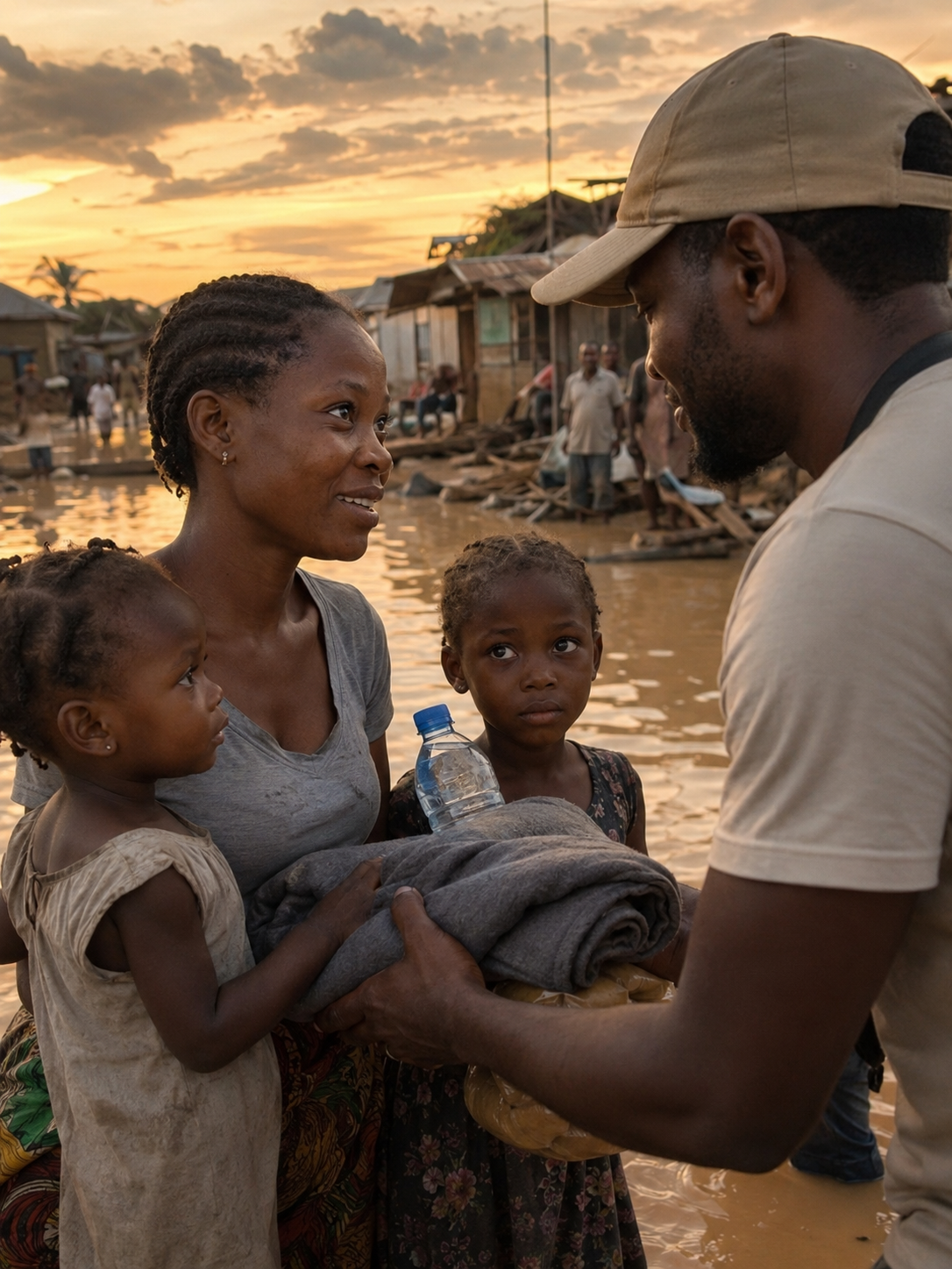 ILS relief team delivering aid to a family in a flood-affected community in Africa