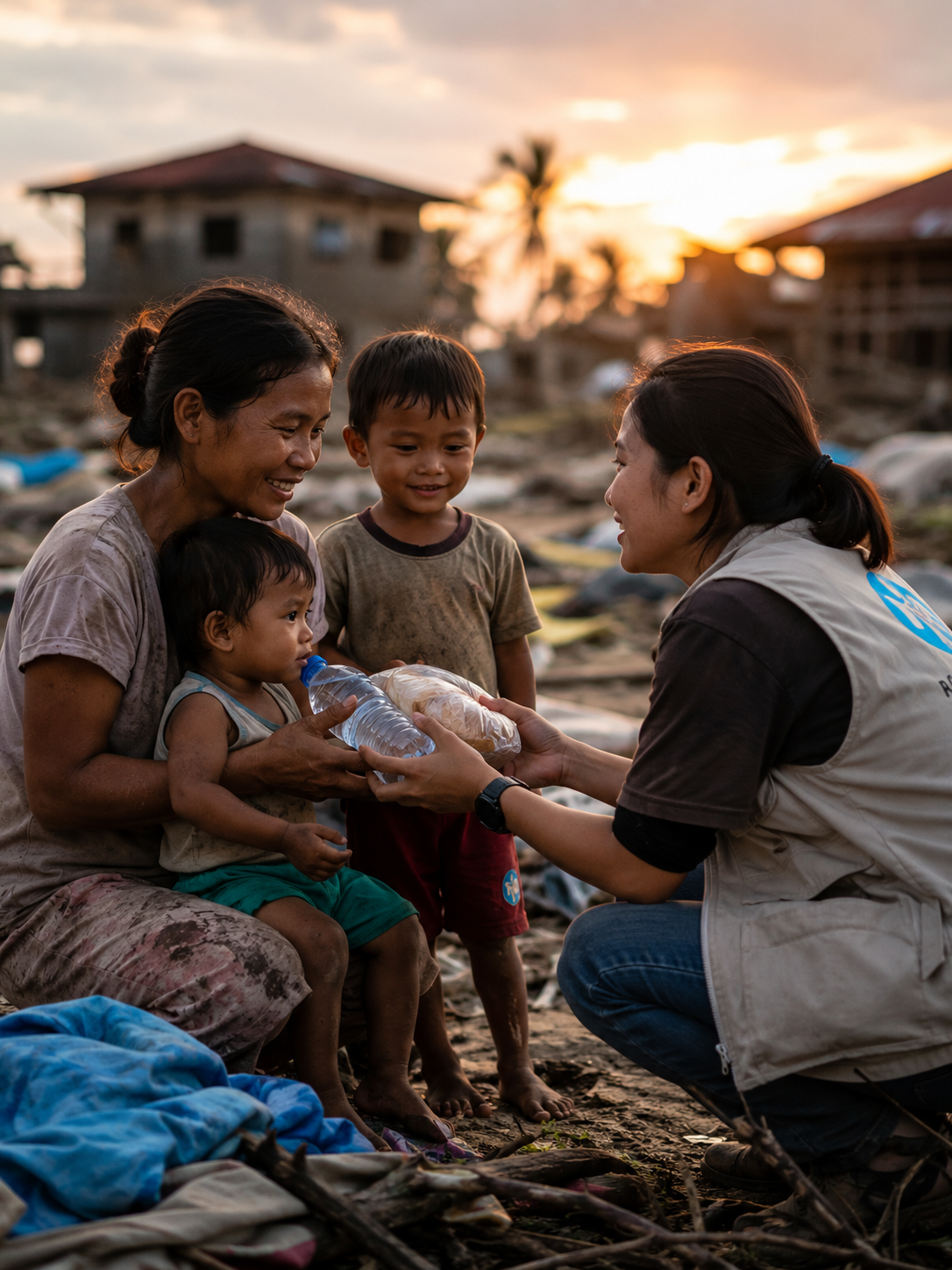 ILS aid worker distributing food and water to a family after a typhoon in Asia