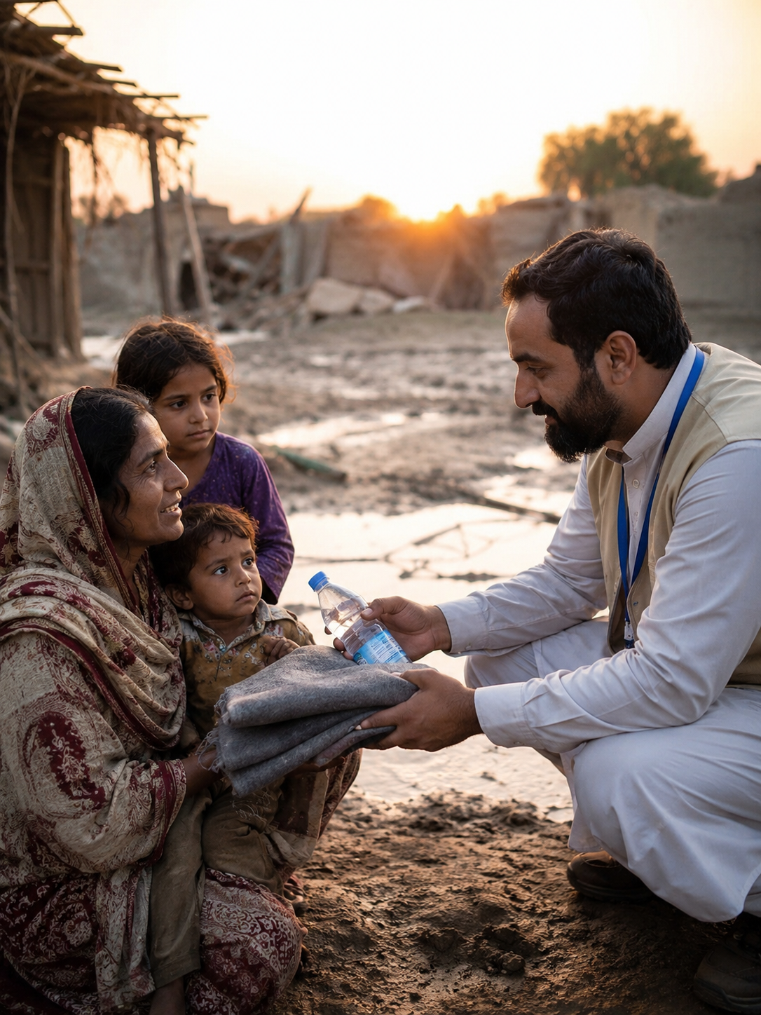 ILS aid worker handing relief supplies to a family in a flood-damaged village in Pakistan